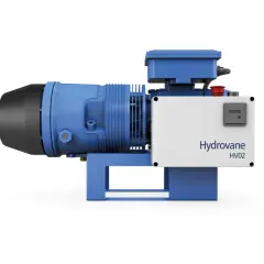 Compresor Hydrovane HV02, unidad compacta azul y blanca con motor y panel de control.