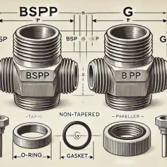 Detalle de accesorios de tubería, incluyendo un acoplador BSPP y un acoplador G, con medidas y componentes como juntas y o-rings.
