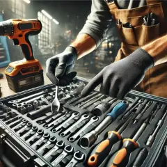 Un técnico revisa un surtido de herramientas industriales, incluyendo un taladro y llaves de vaso, en un taller.