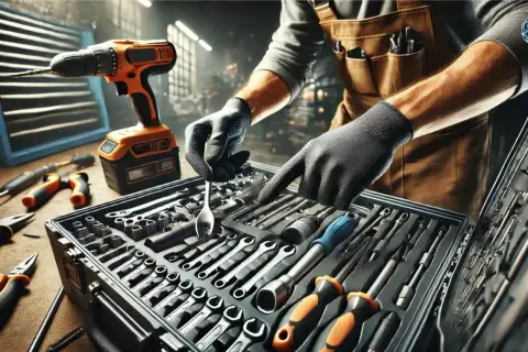 Un técnico revisa un surtido de herramientas industriales, incluyendo un taladro y llaves de vaso, en un taller.