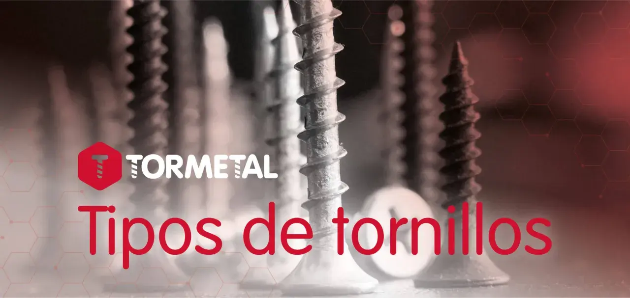 Primer plano de varios tornillos, incluyendo un tornillo sin fin, con el logo de Tormetal y el texto "Tipos de tornillos".