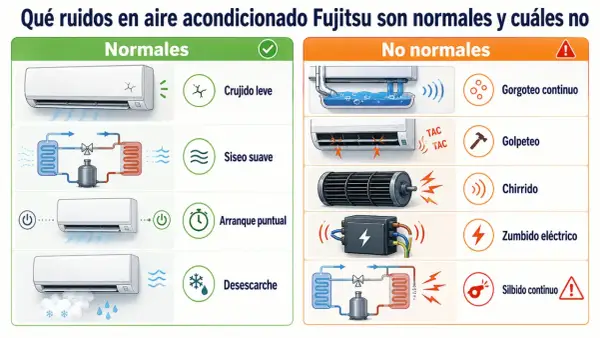 Diagrama de aire acondicionado Fujitsu: ruidos normales (crujido, siseo, arranque, desescarche) y no normales (gorgoteo, golpeteo, chirrido, zumbido, silbido).